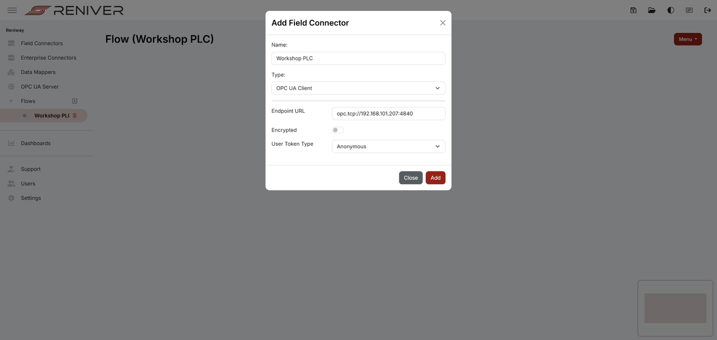Add OPC UA field connector