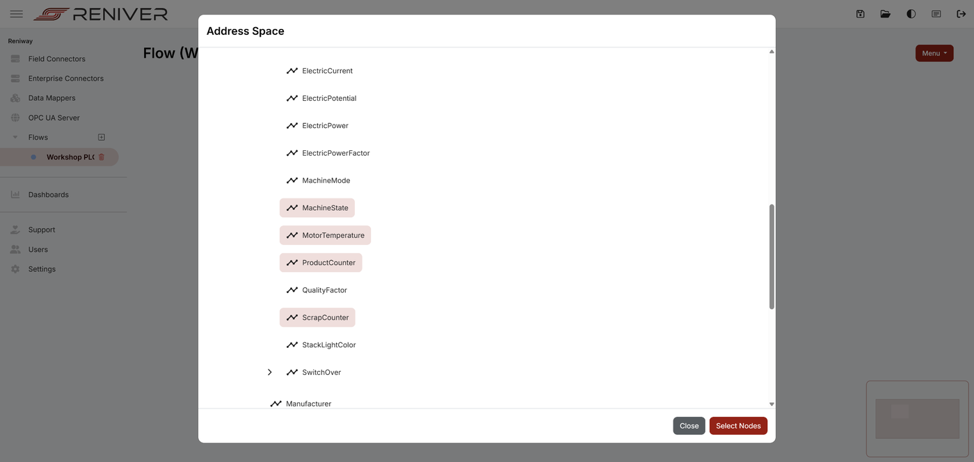 OPC UA address space with selected nodes