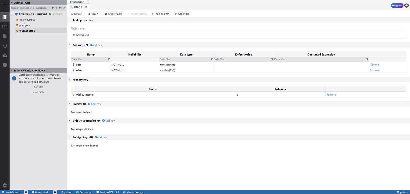 Example table definition in DBGate