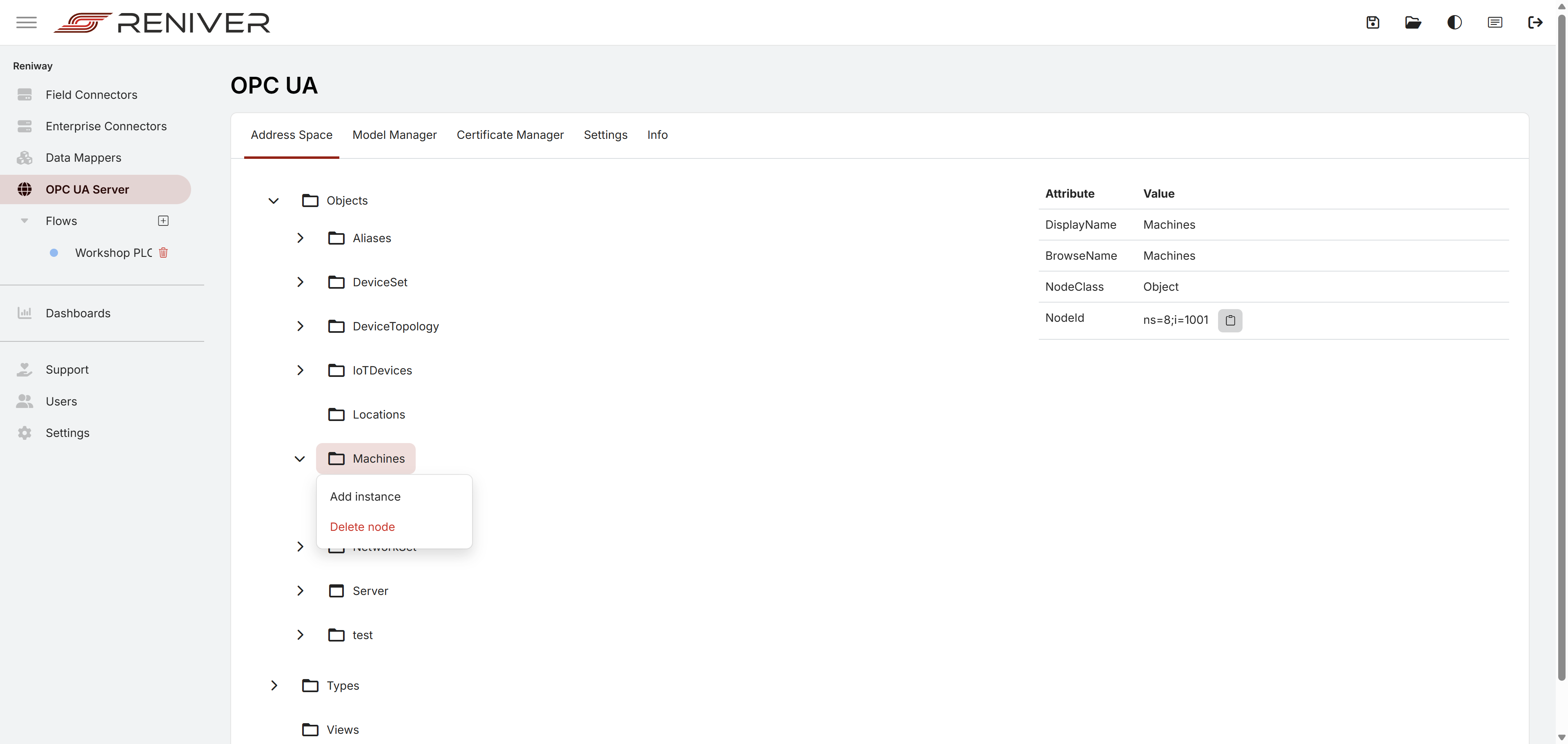OPC UA server address space overview