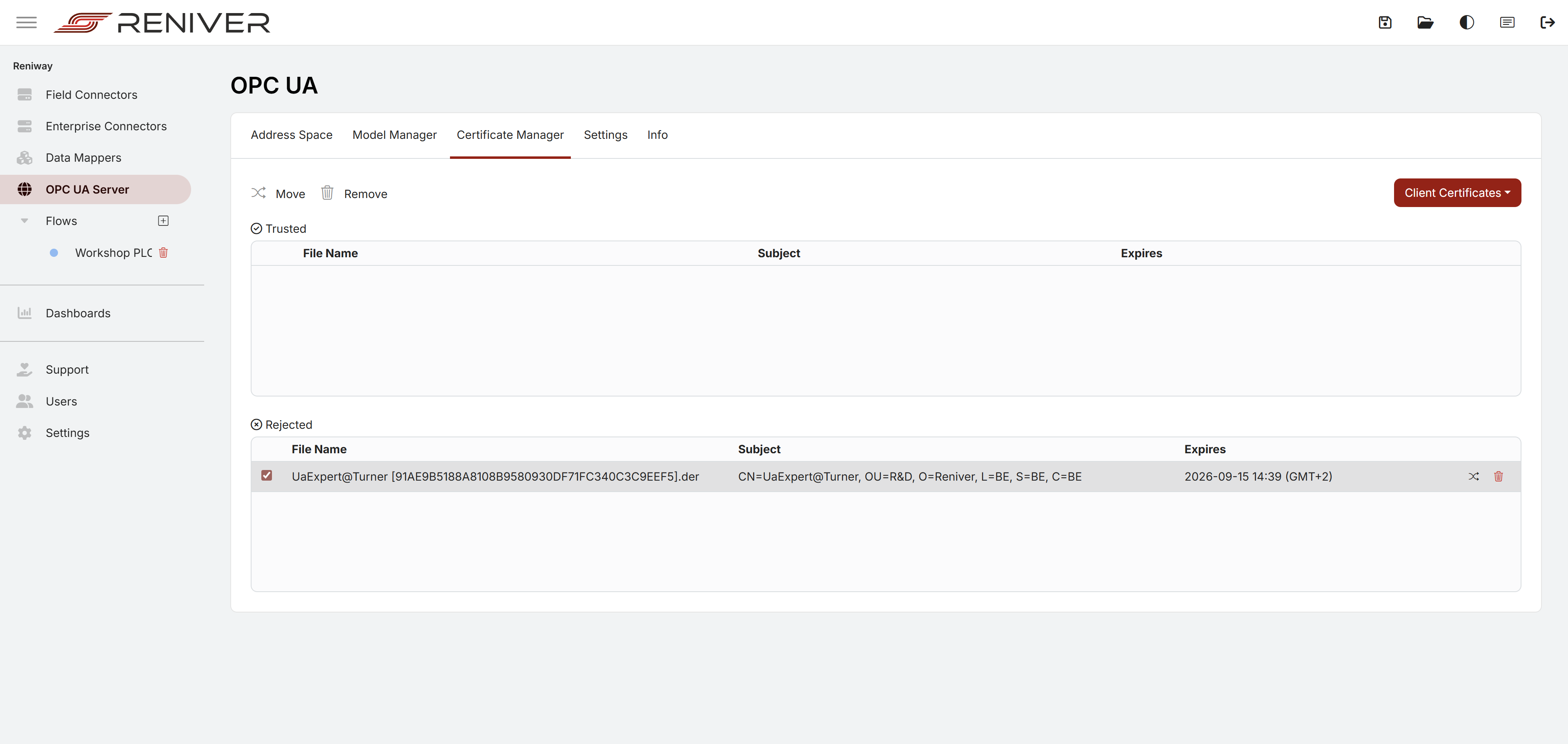 OPC UA server certificate manager
