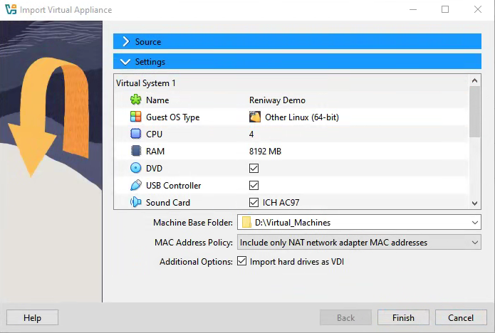 VirtualBox appliance settings for the Reniway Demo VM