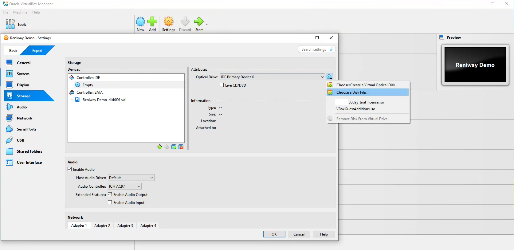 Selecting the license ISO in the VirtualBox storage settings