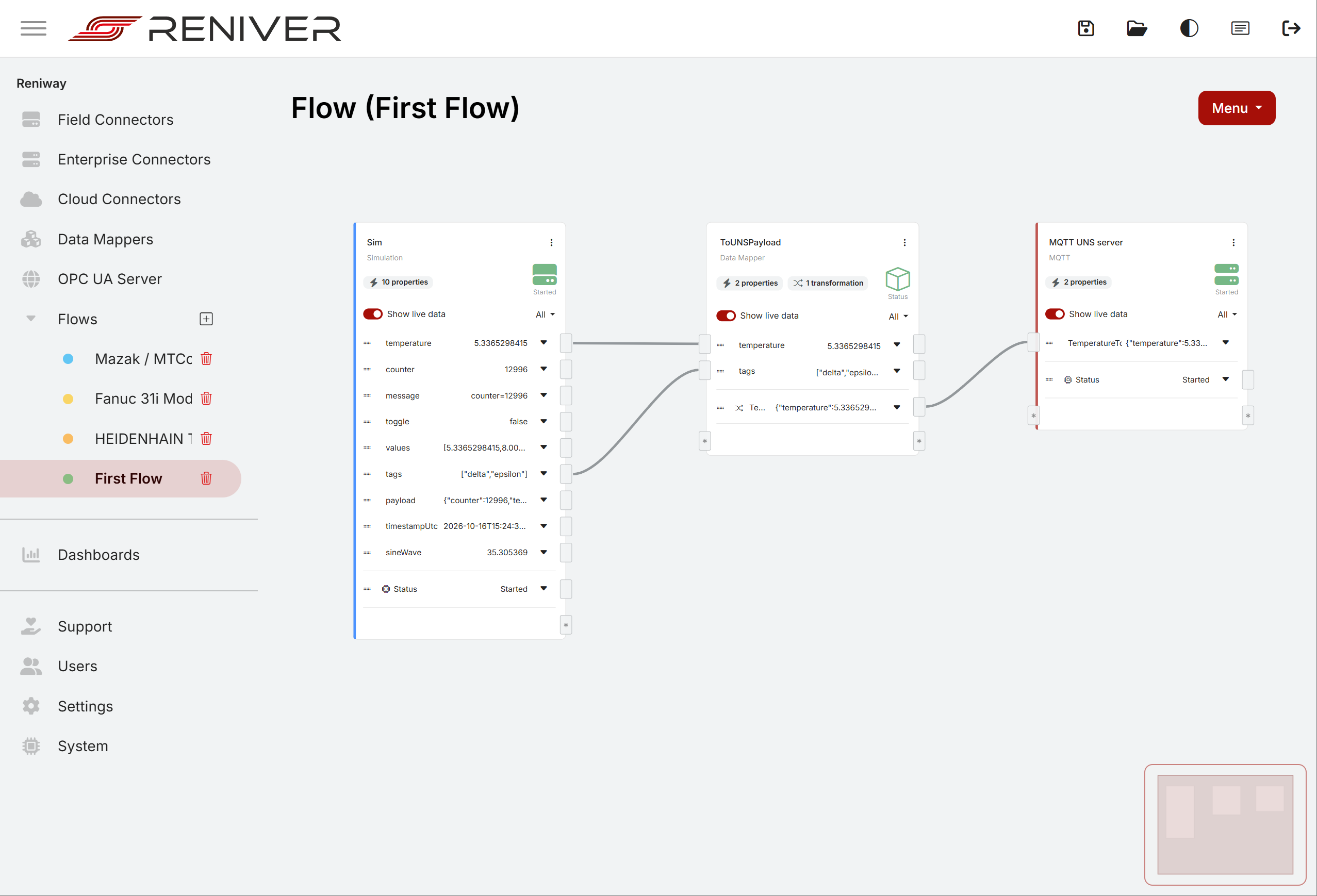 The finished flow: Simulation, data mapper and MQTT connector