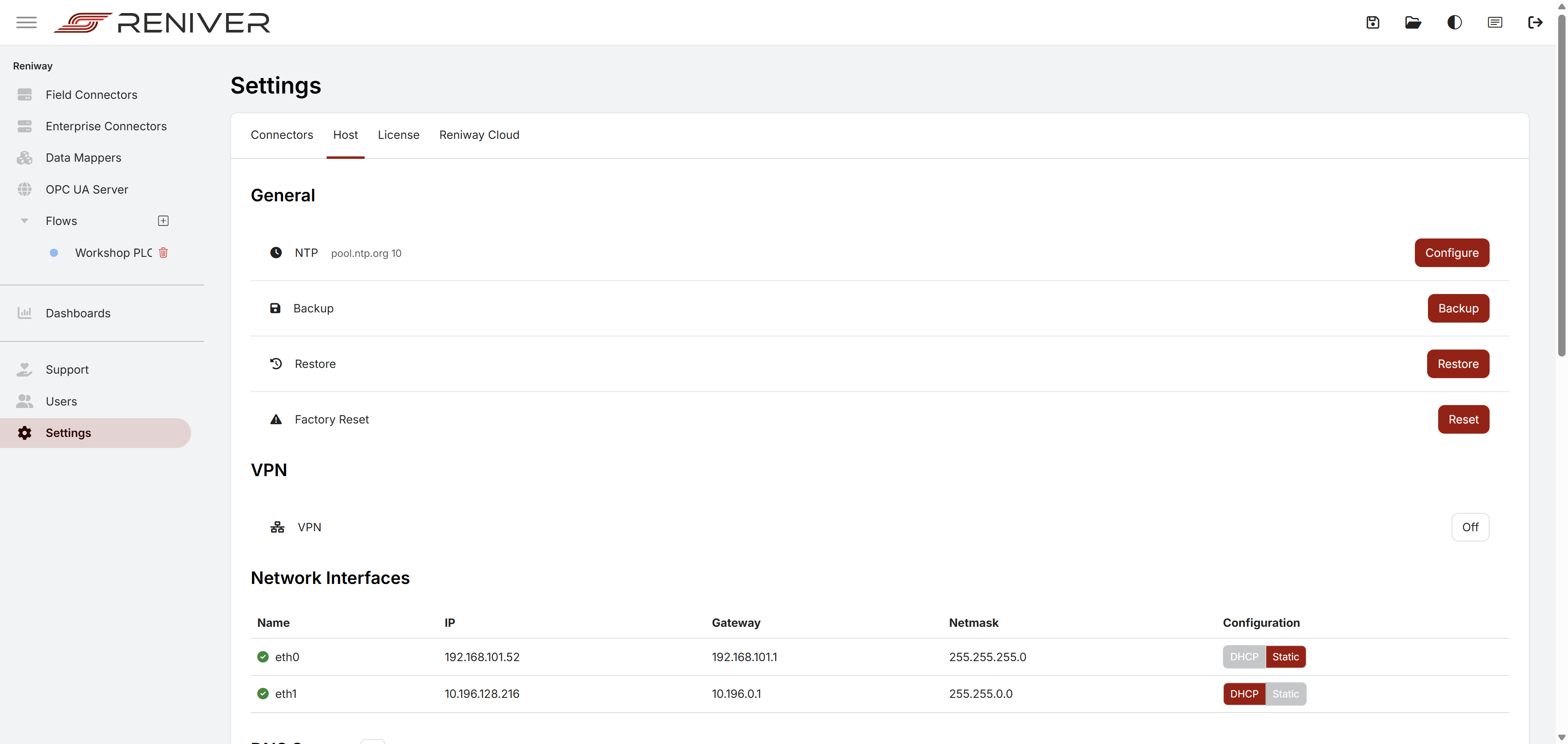Host settings overview