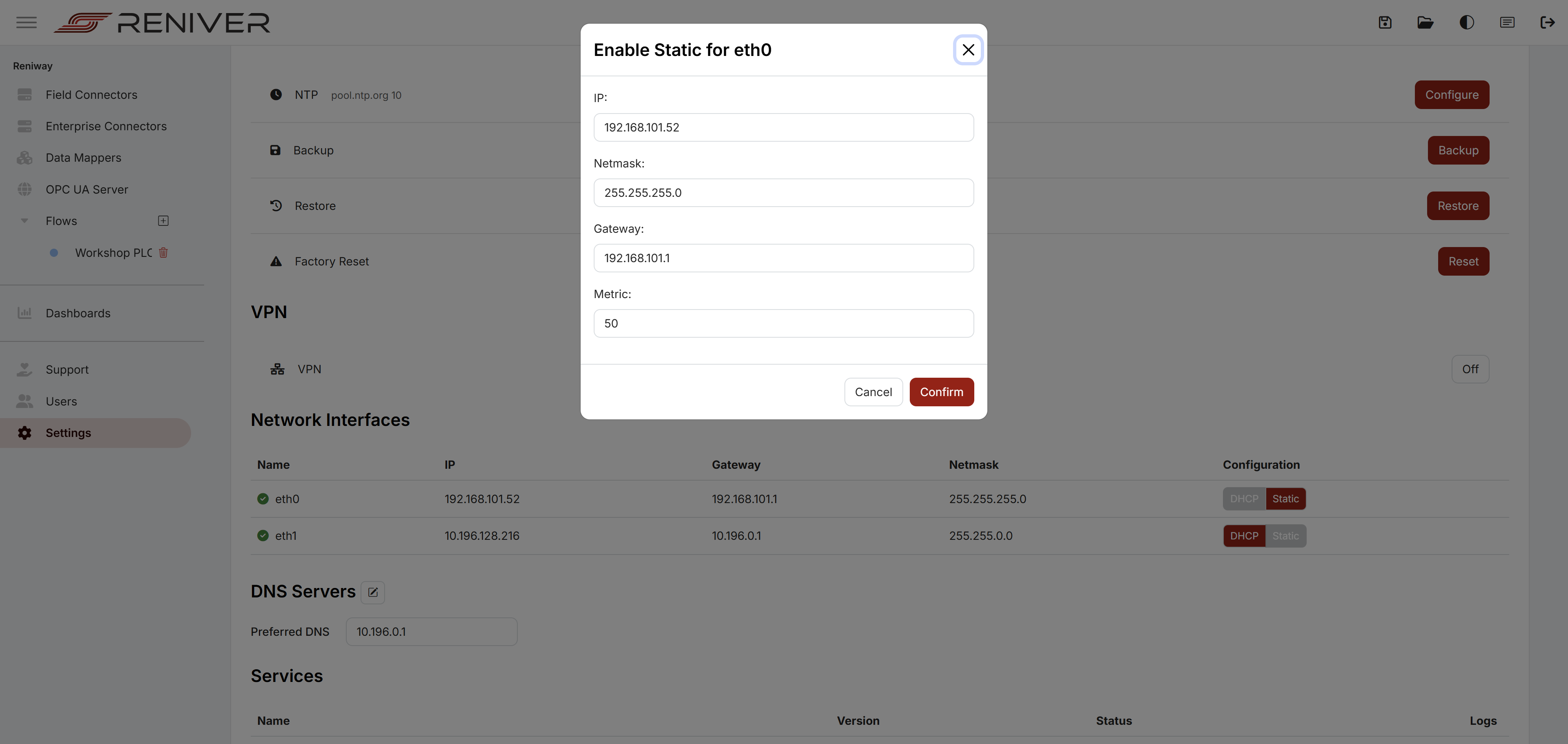 Static network configuration