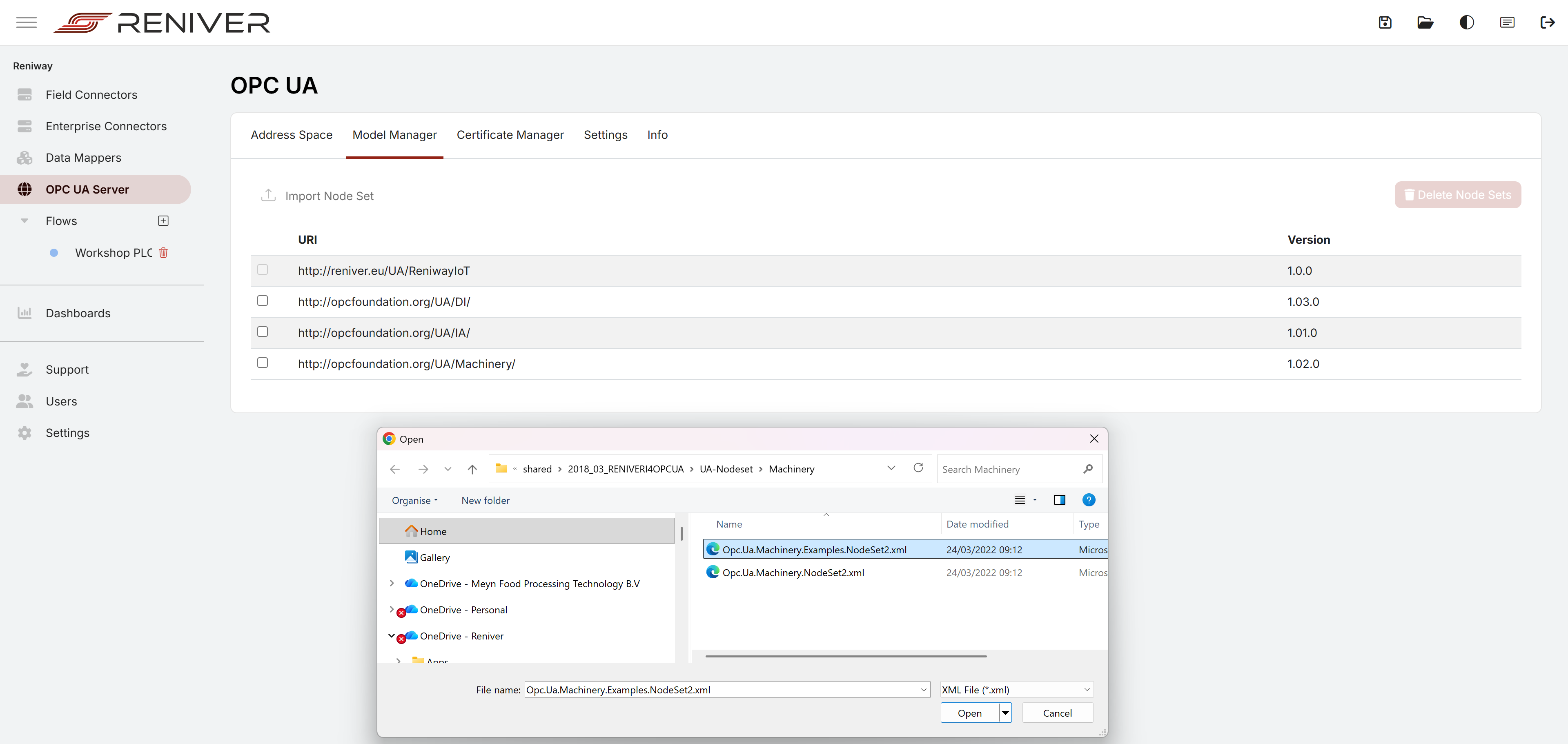 OPC UA server model manager import