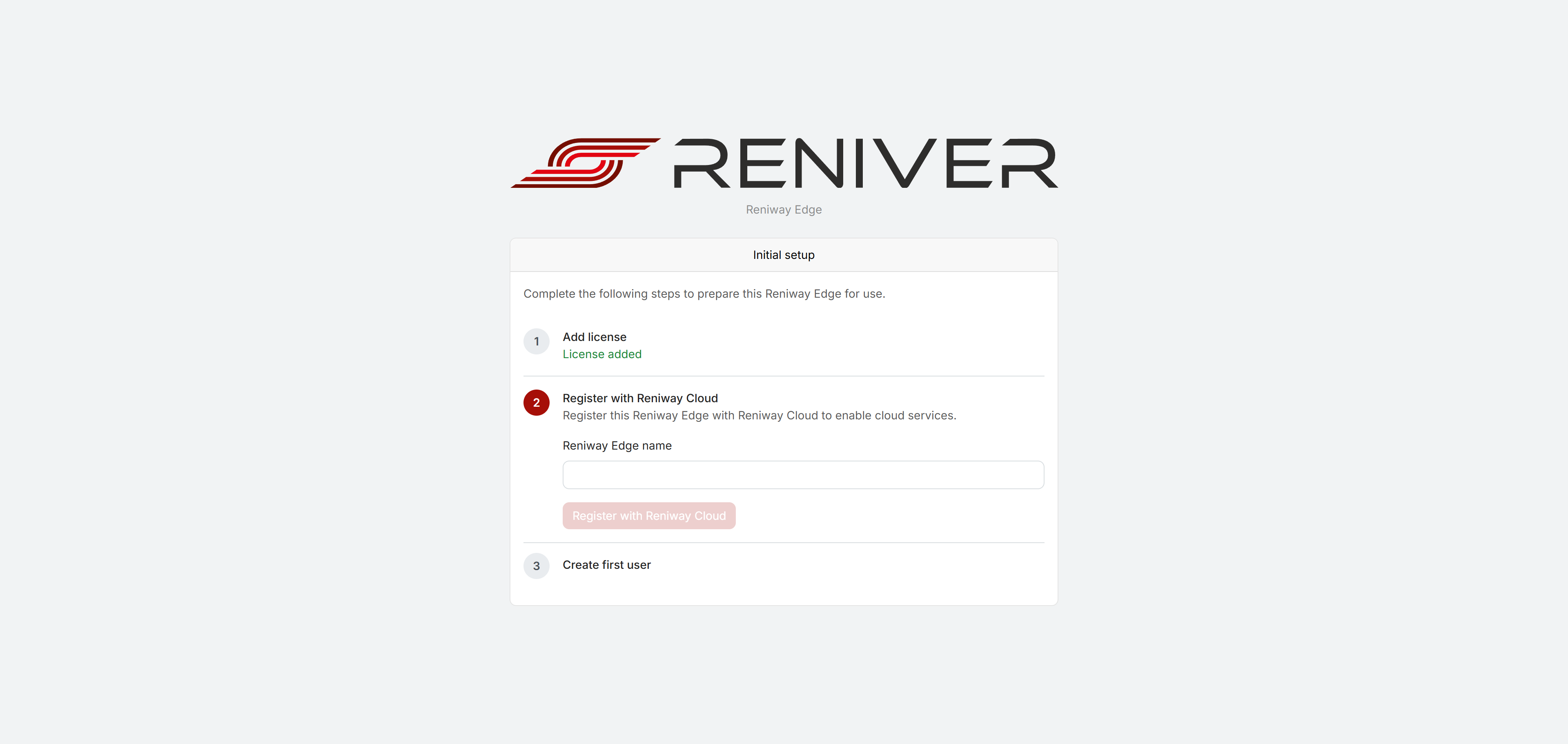 The Initial setup wizard, with License added complete and Register with Reniway Cloud active, showing the Reniway Edge name field