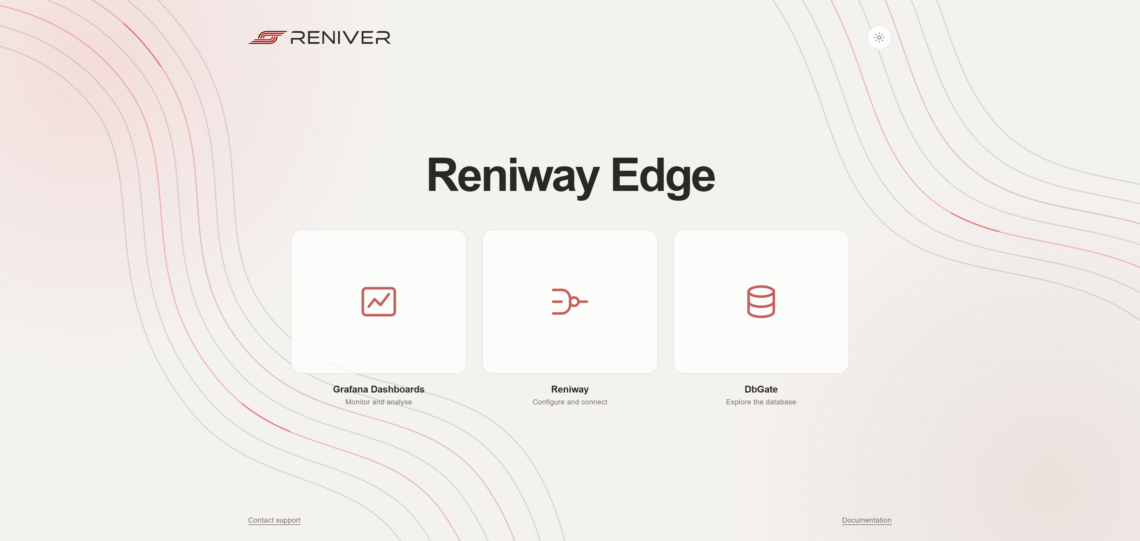 The Reniway Edge landing page, with cards for Grafana Dashboards, Reniway and DbGate