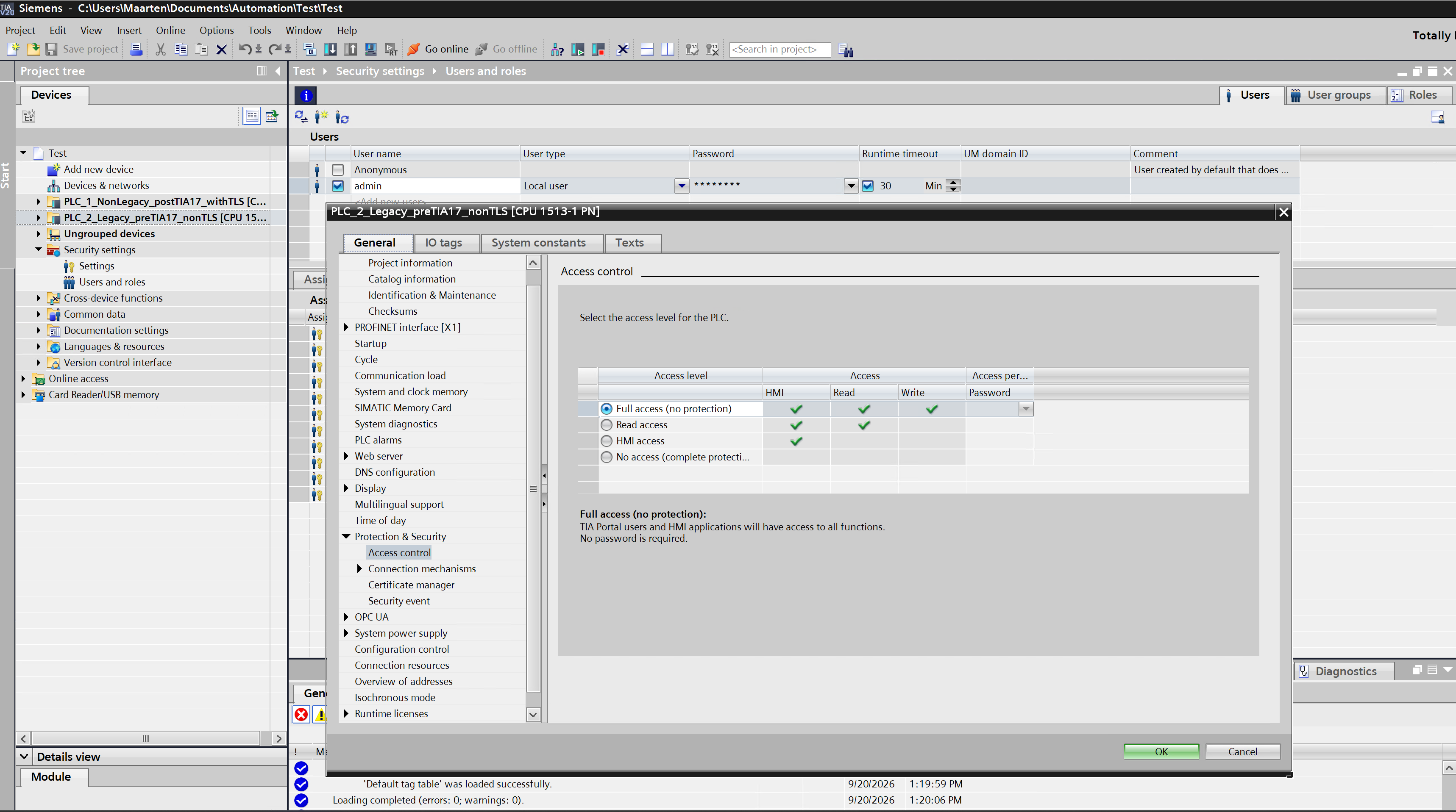 The access level table in TIA Portal