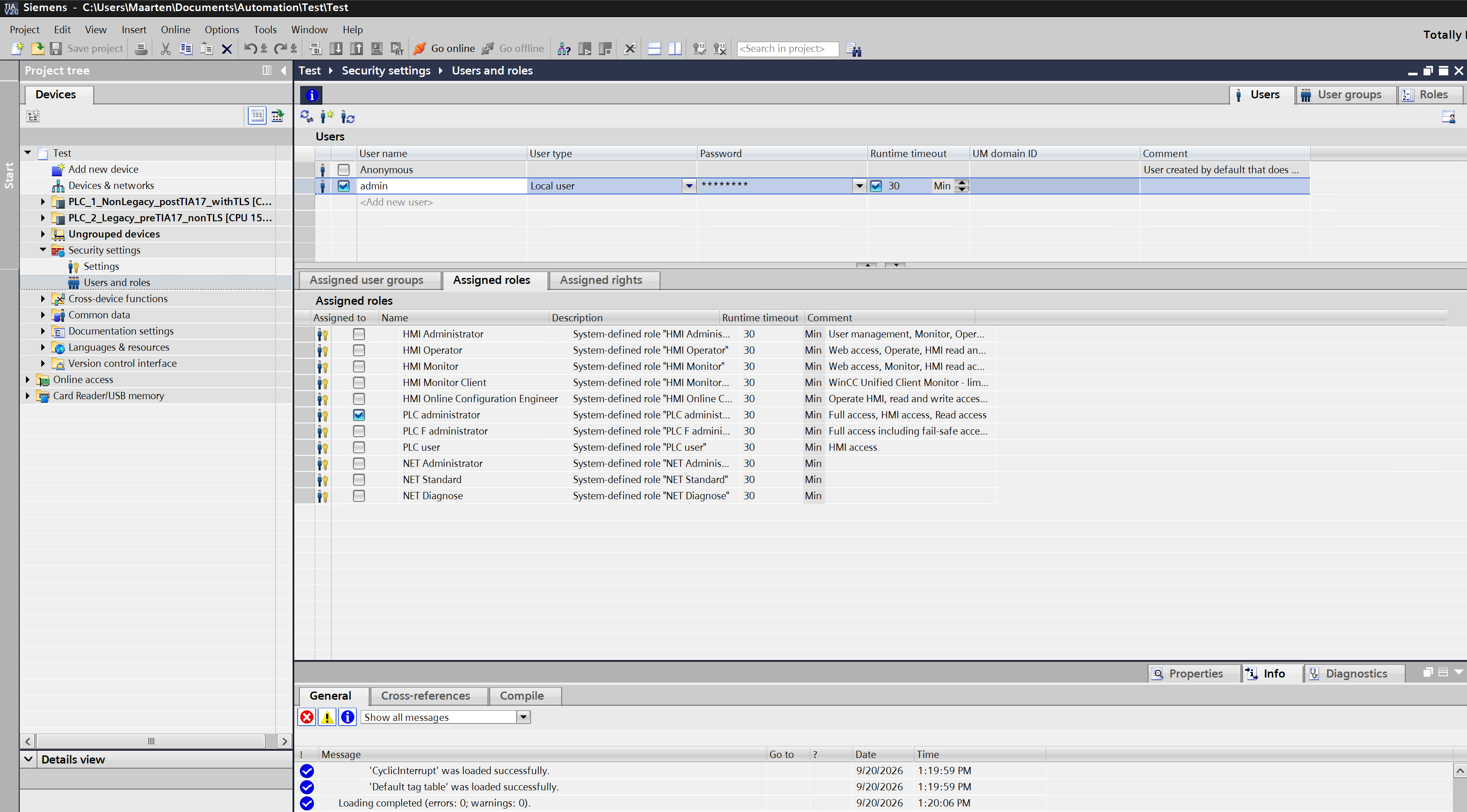 Users and roles in TIA Portal