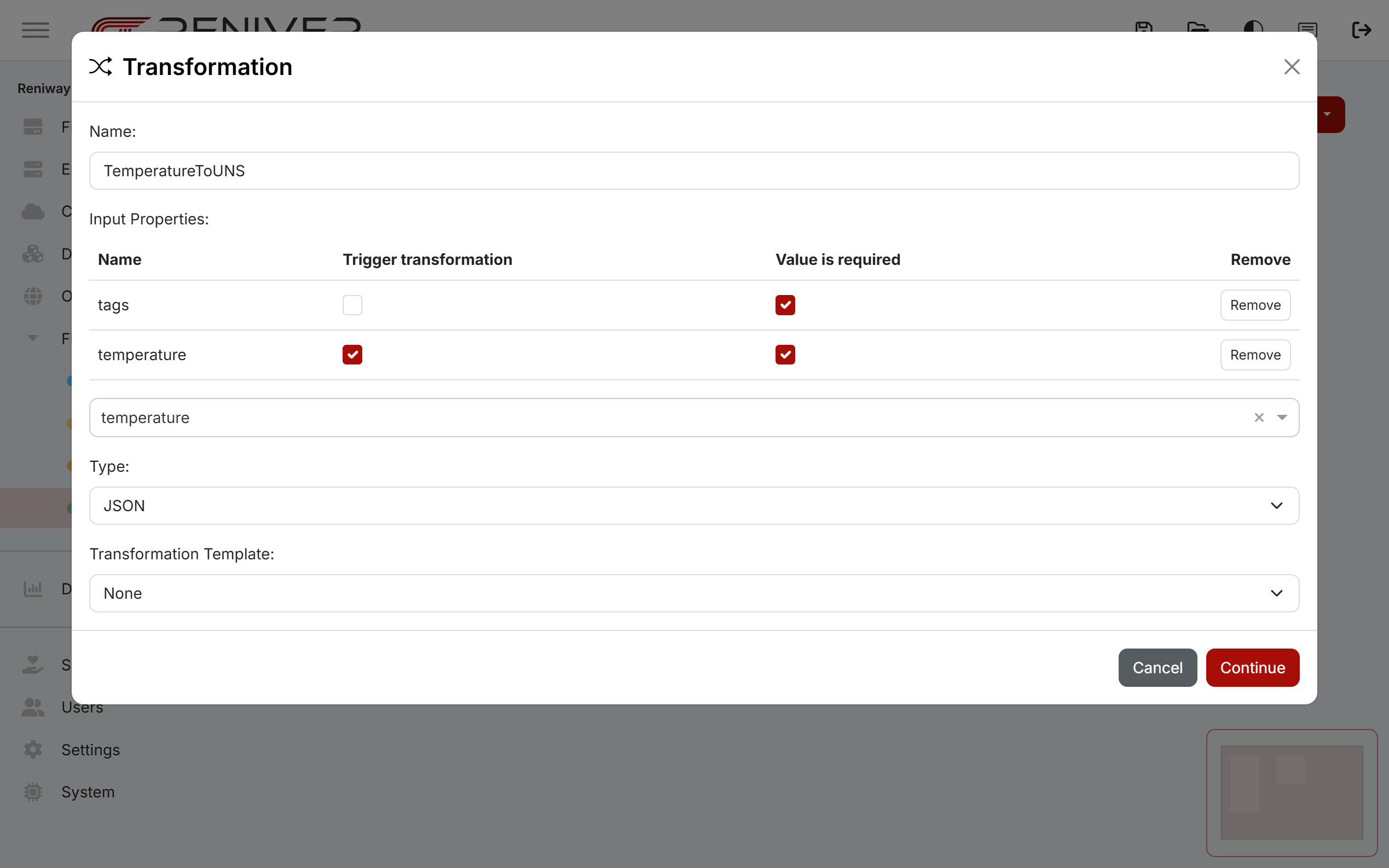 Transformation settings with tags and temperature as inputs