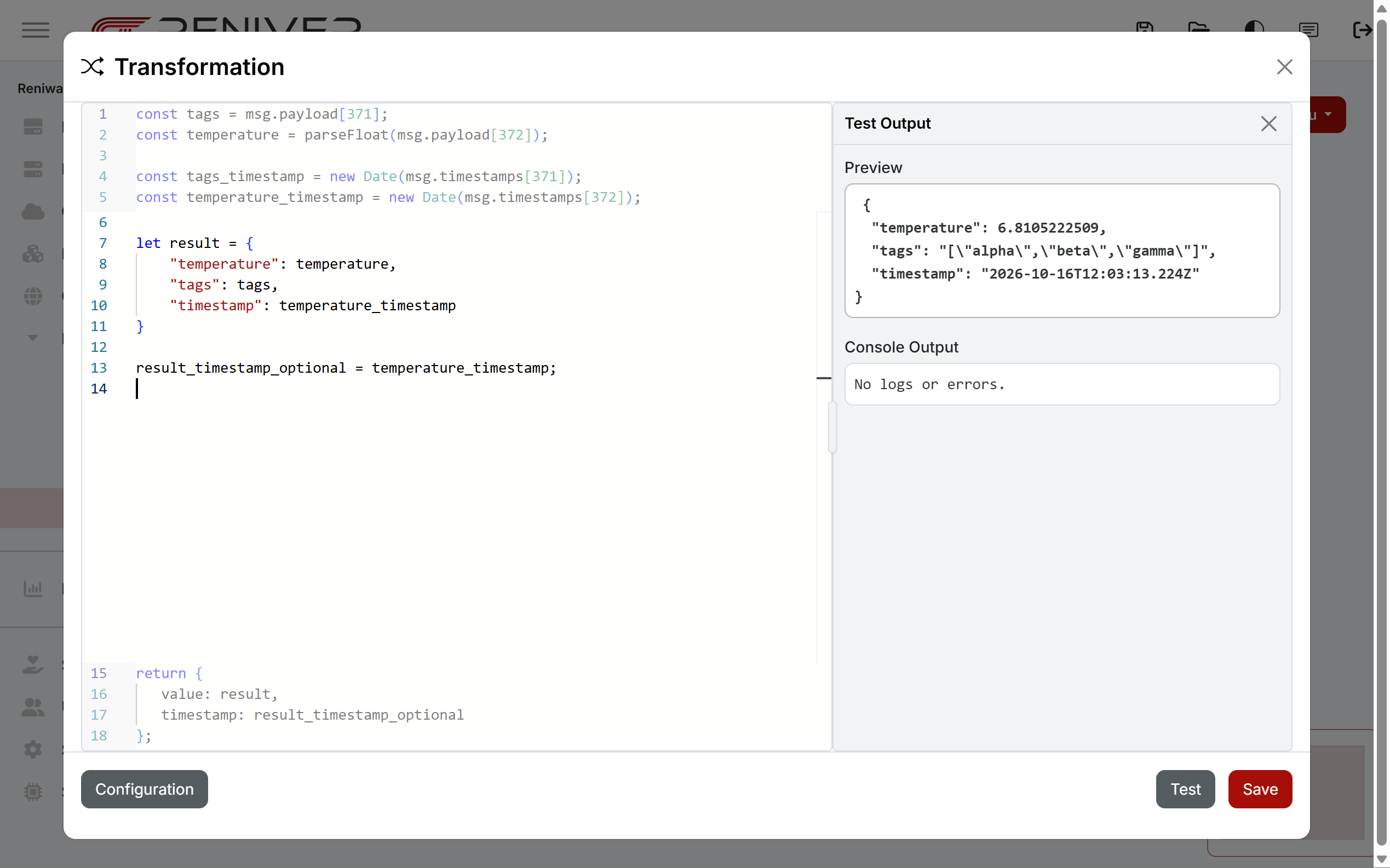 The transformation editor with a JSON preview